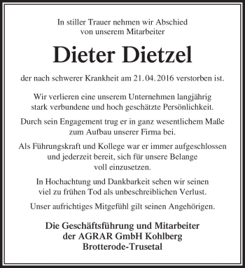 Traueranzeige von Dieter Dietzel von Südthüringer Presse