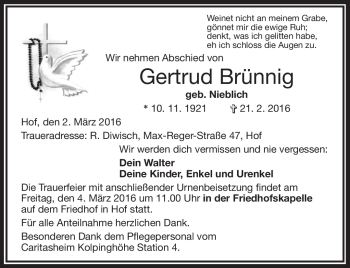 Traueranzeige von Gertrud Brünnig von Frankenpost