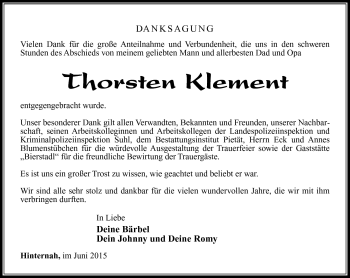 Traueranzeige von Thorsten Klement von Südthüringer Presse