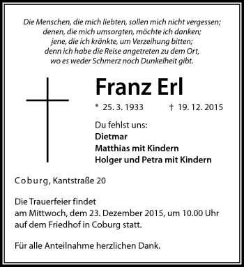 Traueranzeige von Franz Erl von Neue Presse Coburg