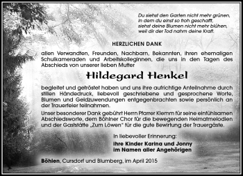 Traueranzeige von Hildegard Henkel von Südthüringer Presse