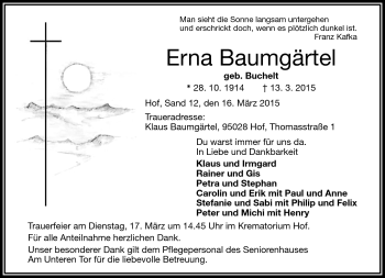 Traueranzeige von Erna Baumgärtel von Frankenpost