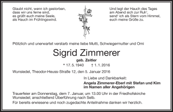 Traueranzeige von Sigrid Zimmerer von Frankenpost