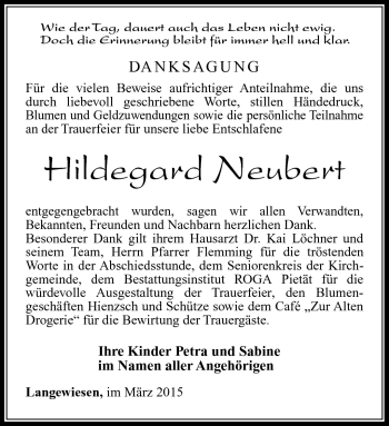 Traueranzeige von Hildegard Neubert von Südthüringer Presse