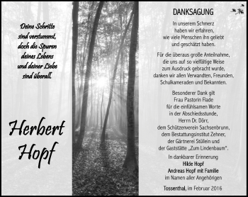 Traueranzeige von Herbert Hopf von Südthüringer Presse