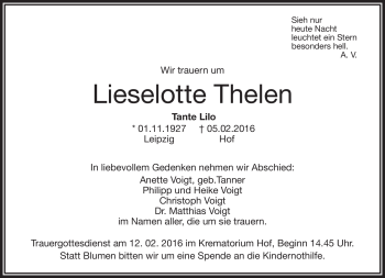 Traueranzeige von Lieselotte Thelen von Frankenpost