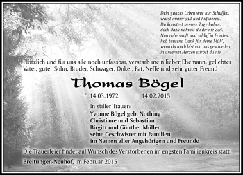Traueranzeige von Thomas Bögel von Südthüringer Presse