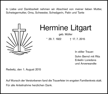 Traueranzeige von Hermine Litgart von Neue Presse Coburg