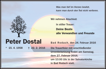 Traueranzeige von Peter Dostal von Neue Presse Coburg