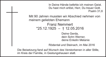 Traueranzeige von Franz Nemmert von Neue Presse Coburg