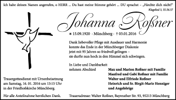 Traueranzeige von Johanna Roßner von Frankenpost