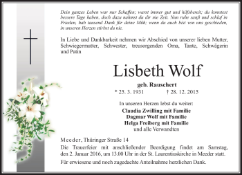 Traueranzeige von Lisbeth Wolf von Neue Presse Coburg