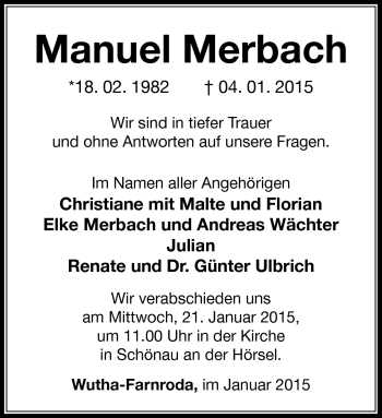Traueranzeige von Manuel Merbach von Südthüringer Presse