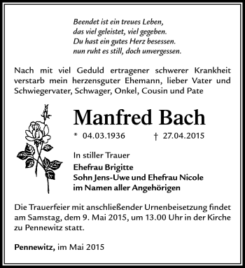 Traueranzeige von Manfred Bach von Südthüringer Presse