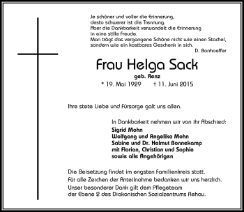 Traueranzeige von Helga Sack von Frankenpost