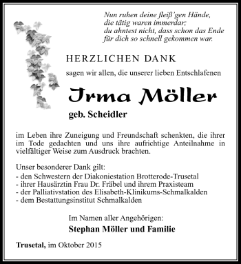 Traueranzeige von Irma Möller von Südthüringer Presse