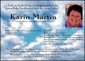 Traueranzeige von Karin Martin von Neue Presse Coburg