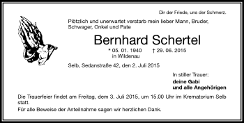 Traueranzeige von Bernhard Schertel von Frankenpost