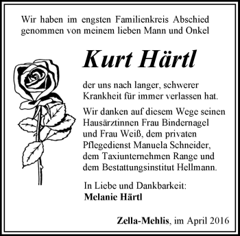 Traueranzeige von Kurt Härtl von Südthüringer Presse