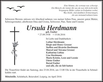 Traueranzeige von Ursula Herdmann von Südthüringer Presse