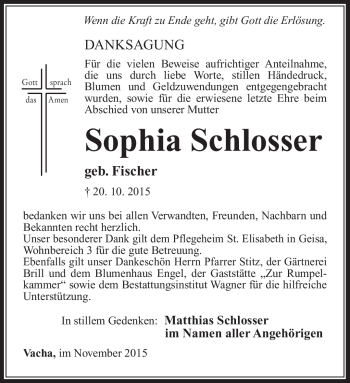 Traueranzeige von Sophia Schlosser von Südthüringer Presse