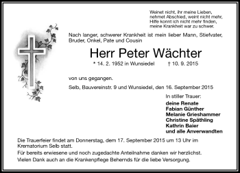 Traueranzeige von Peter Wächter von Frankenpost
