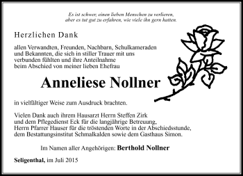Traueranzeige von Anneliese Nollner von Südthüringer Presse