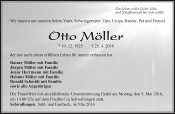 Traueranzeige von Otto Möller von Südthüringer Presse