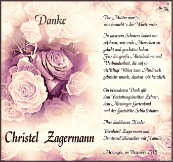 Traueranzeige von Christel Zagermann von Südthüringer Presse