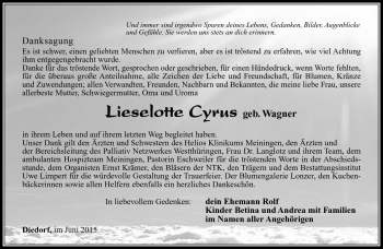 Traueranzeige von Lieselotte Cyrus von Südthüringer Presse