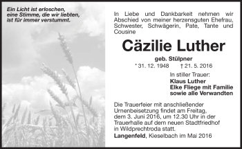 Traueranzeige von Cäzilie Luther von Südthüringer Presse
