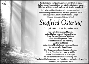 Traueranzeige von Siegfried Ostertag von Südthüringer Presse