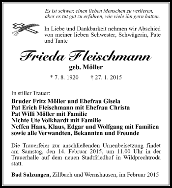 Traueranzeige von Frieda Fleischmann von Südthüringer Presse