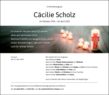 Traueranzeige von Cäcilie Scholz von Neue Presse Coburg