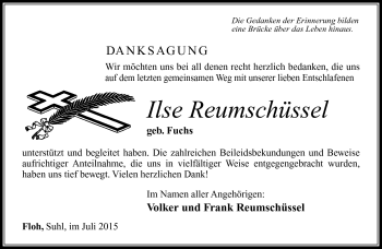 Traueranzeige von Ilse Reumschüssel von Südthüringer Presse
