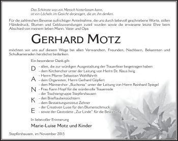 Traueranzeige von Gerhard Motz von Südthüringer Presse