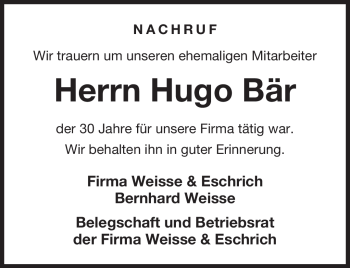 Traueranzeige von Hugo Bär von Neue Presse Coburg