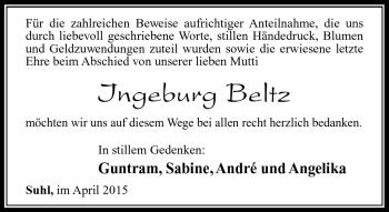 Traueranzeige von Ingeburg Beltz von Südthüringer Presse