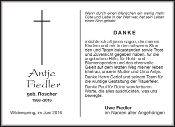 Traueranzeige von Antje Fiedler von Südthüringer Presse