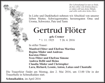 Traueranzeige von Gertrud Flöter von Südthüringer Presse