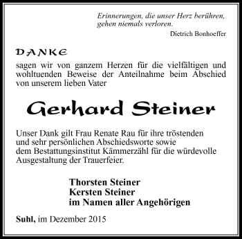 Traueranzeige von Gerhard Steiner von Südthüringer Presse