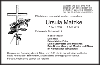 Traueranzeige von Ursula Matzke von Frankenpost