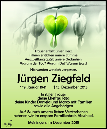 Traueranzeige von Jürgen Ziegfeld von Südthüringer Presse