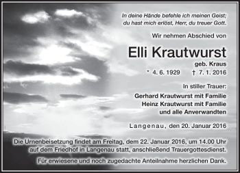 Traueranzeige von Elli Krautwurst von Neue Presse Coburg