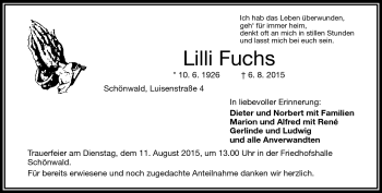 Traueranzeige von Lilli Fuchs von Frankenpost
