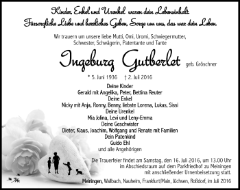 Traueranzeige von Ingeburg Gutberlet von Südthüringer Presse
