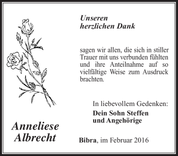 Traueranzeige von Anneliese Albrecht von Südthüringer Presse