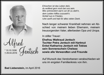 Traueranzeige von Alfred Jentsch von Südthüringer Presse