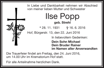 Traueranzeige von Ilse Popp von Frankenpost