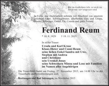 Traueranzeige von Ferdinand Reum von Südthüringer Presse